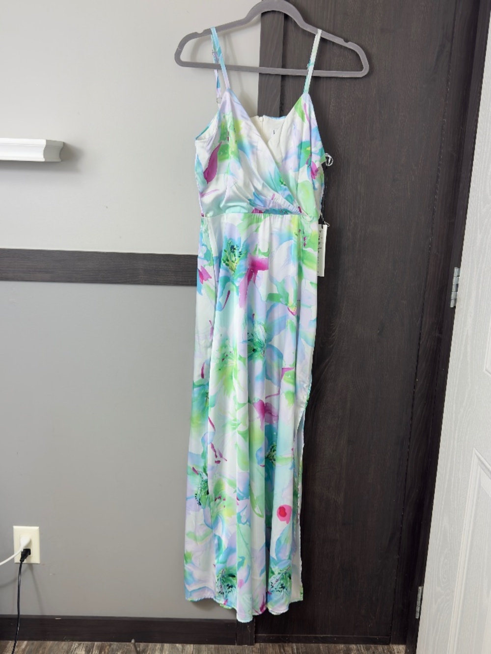 NICOLE MILLER spaghetti adjusted surplice neck open leg floral print satin